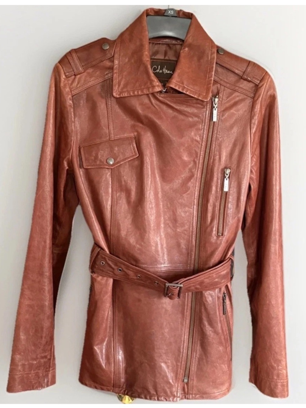 COLE HAAN 100% LAMBSKIN LTR MOTO JACKET Asymmetrical-Zip Cognac Brown Belt WMN M